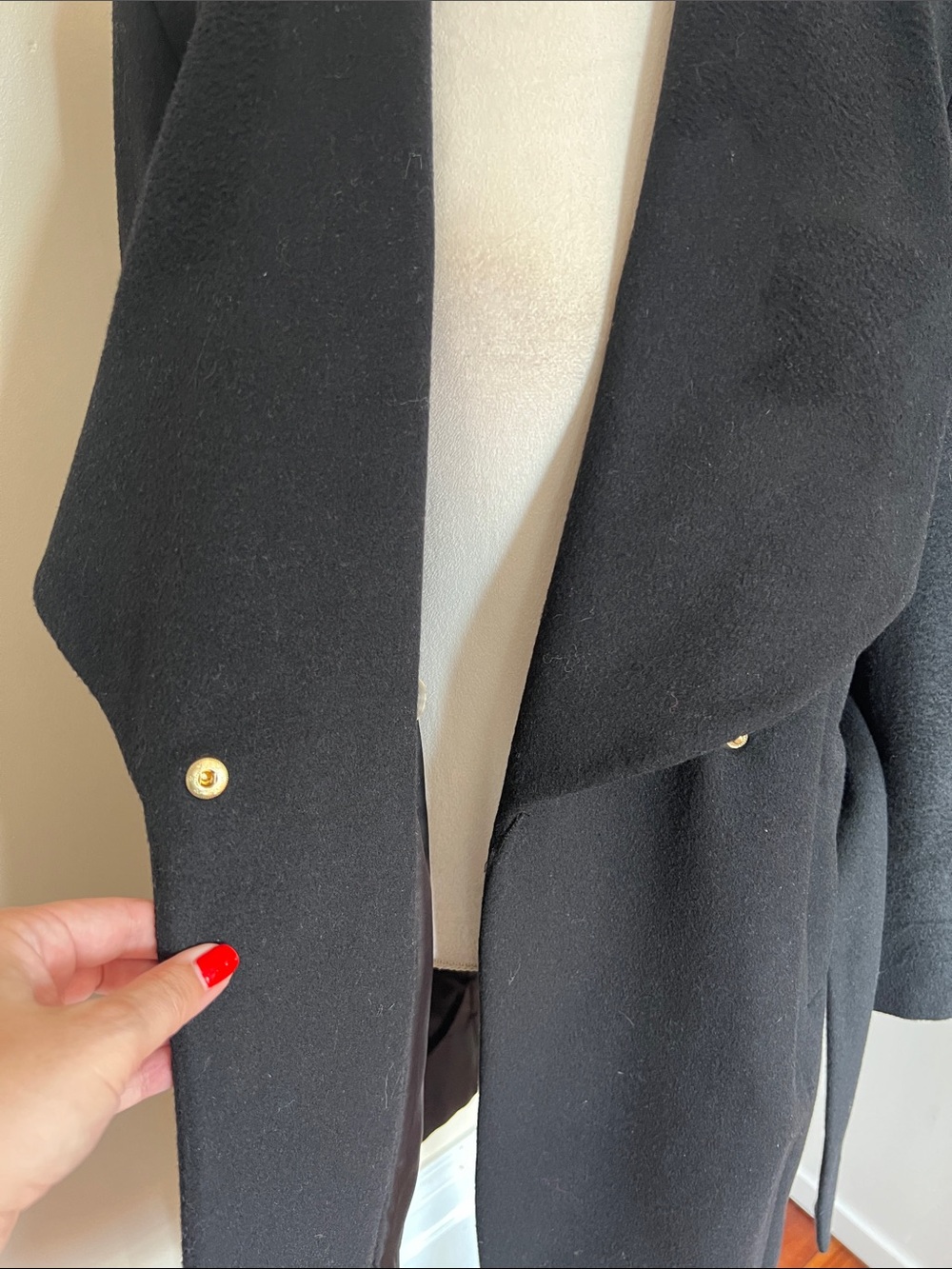 Cole Haan Signature Black Wool Blend Belted Wrap Coat Shawl Collar Size 12 - Picture 6 of 10